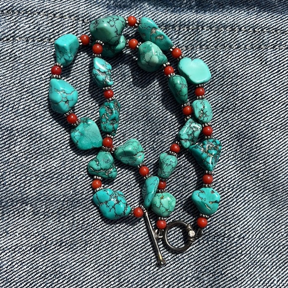 Handmade Turquoise and Coral Necklace - Picture 2 of 9